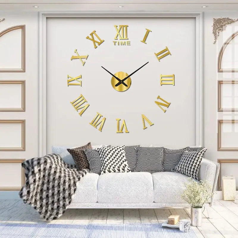 Relógio de Parede 3D em Acrílico com Design de Números Romanos - Relógio de Parede Redondo Moderno, Espelho e Adesivo