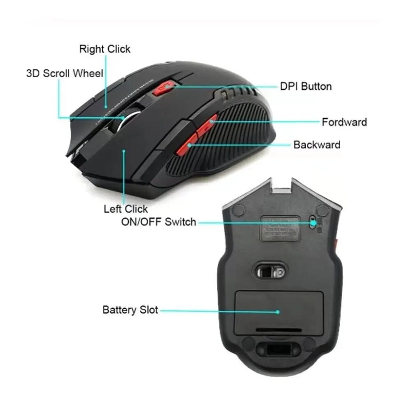 Mouse Gamer Óptico Sem Fio de 2.4GHz com Receptor USB - Mouse Gamer de 1600DPI com 6 Botões para Computador PC Laptop e Acessórios